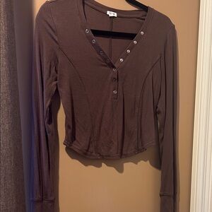 Garage Chocolate Long Sleeve Short Top with Snap Accents